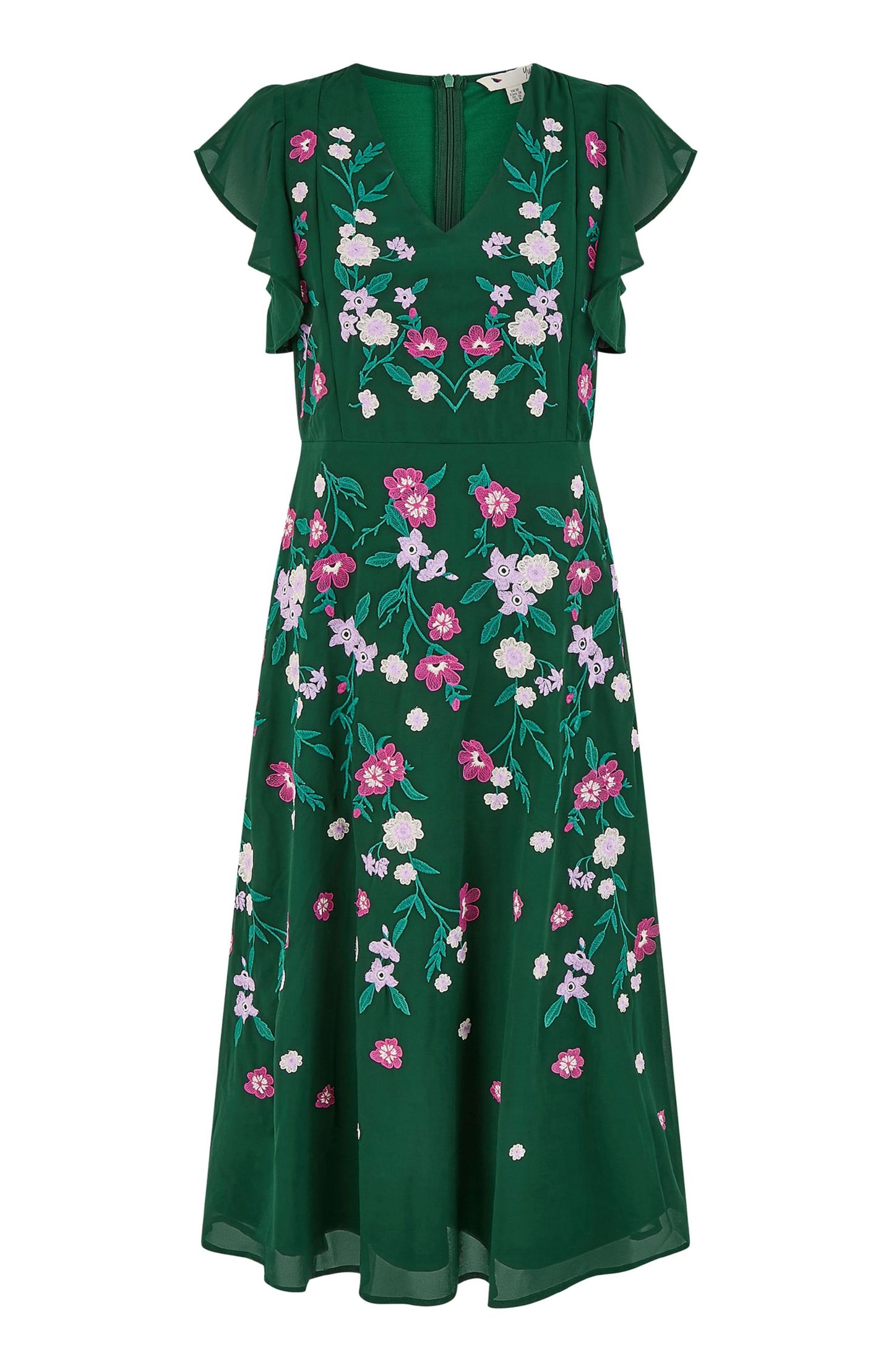 Женское платье Yumi Floral Embroidered V-Neck Midi, цвет: Зелёный — фото 4