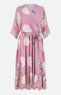 Women's Bird And Floral Print Midi Wrap Dress