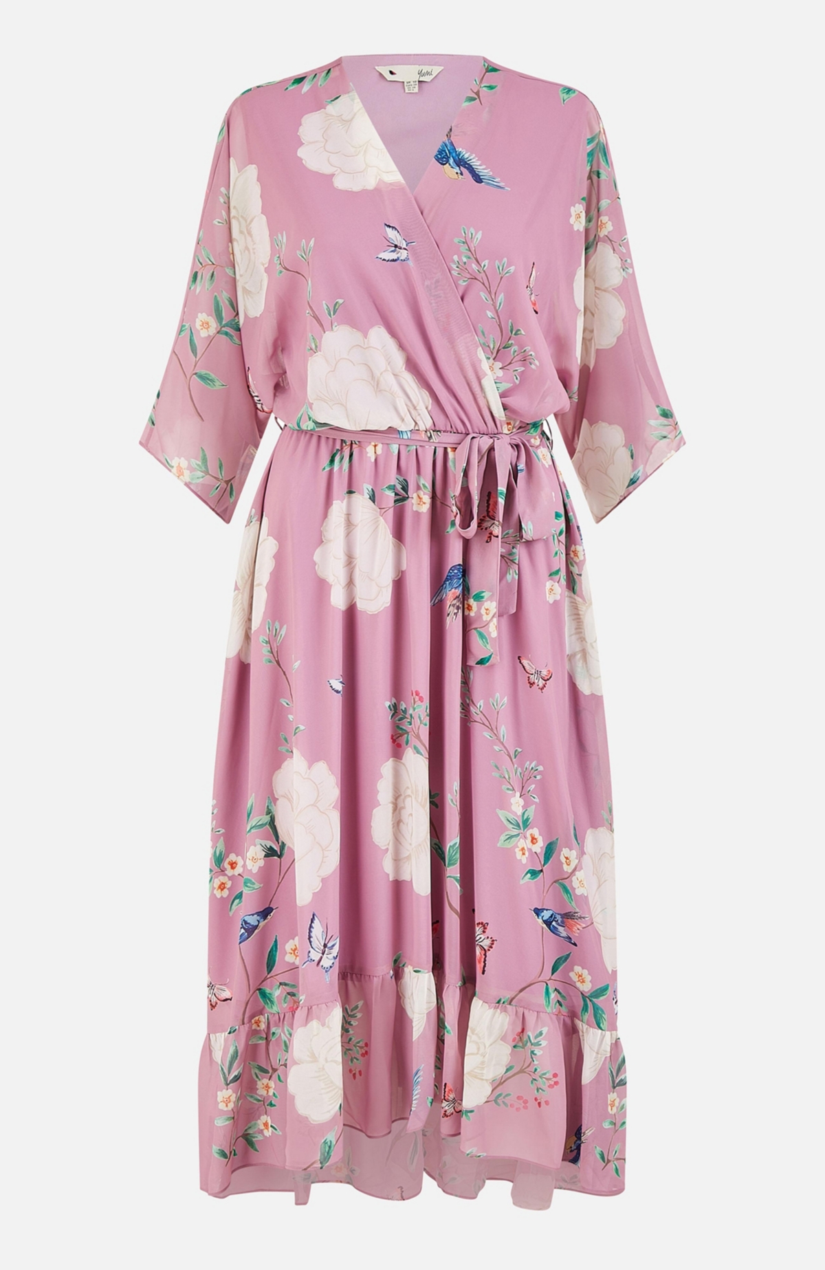Yumi Women's Bird And Floral Print Midi Wrap Dress