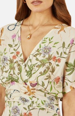 Women's Floral Print Ruched Waist Midi Dress