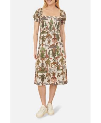 Women's Cotton Safari Print Ruched Midi Dress