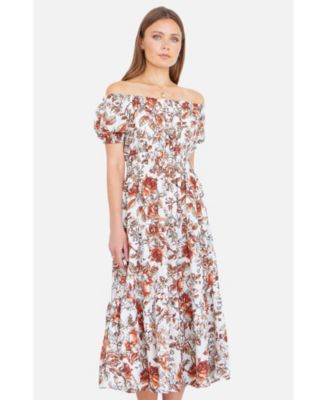 Women's Floral Ruched Waist Midi Dress