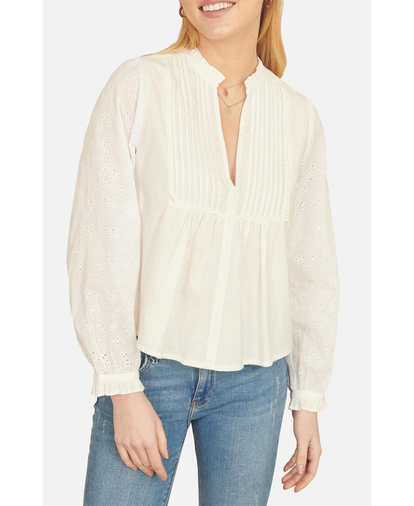 Женская рубашка Yumi Pleated Cotton Bib, цвет: Белый — фото 4