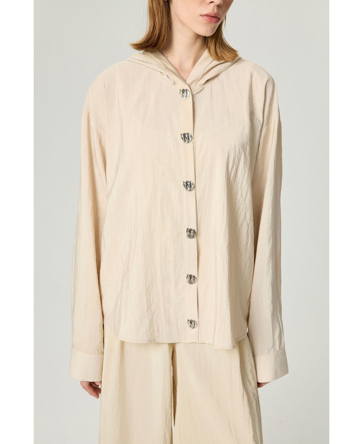 Nocturne Women's Hooded Shirt with Snap Button Details