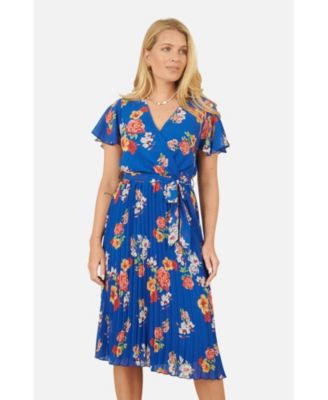 Women's Pleated Floral Tie-Waist Wrap Midi Dress