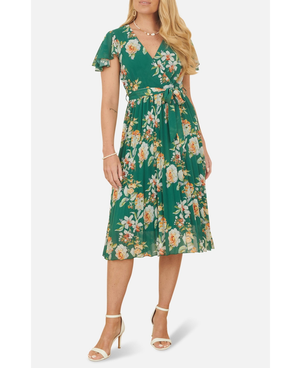 Yumi Women's Pleated Floral Tie-Waist Wrap Midi Dress