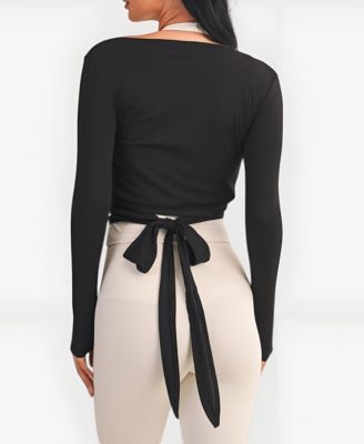 Women's Wrap Front Long Sleeve Tie-Waist Crop Top