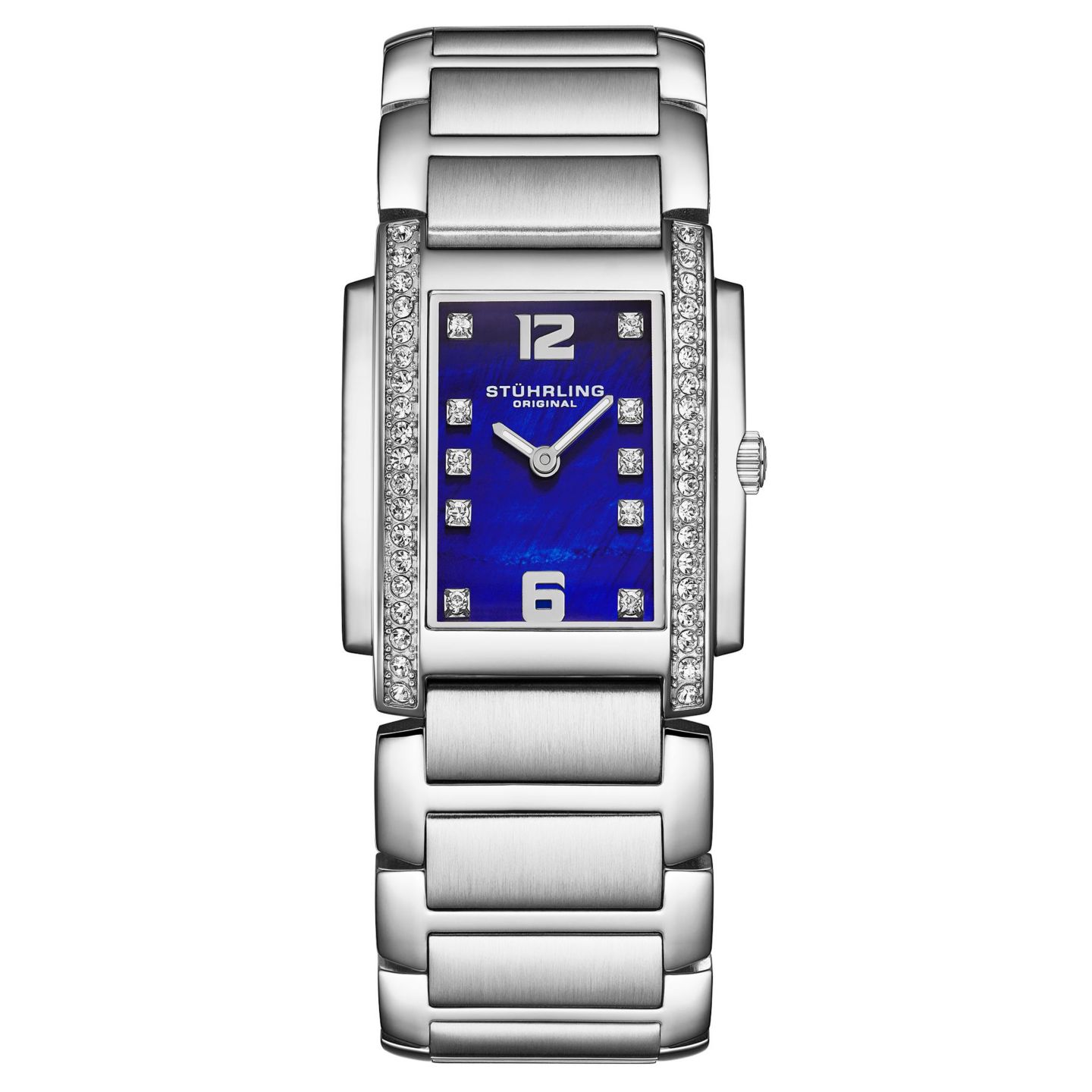 Женские часы Stuhrling 4089.2 Serafine Rectangular Quartz Watch, Mother-of-Pearl Dial & Swarovski Crystal Bezel, цвет: Синий — фото 1