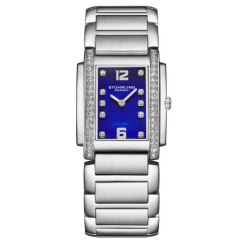 Женские часы Stuhrling 4089.2 Serafine Rectangular Quartz Watch, Mother-of-Pearl Dial & Swarovski Crystal Bezel, цвет: Синий