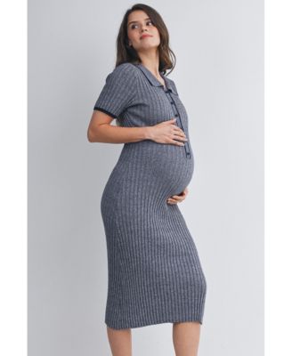 Women's Maternity Collared Ribbed Knit Midi Dress with Button-Front Nursing Access