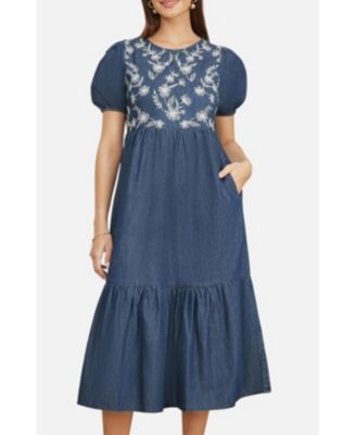 Women's Floral Embroidered Puff Sleeve Dress