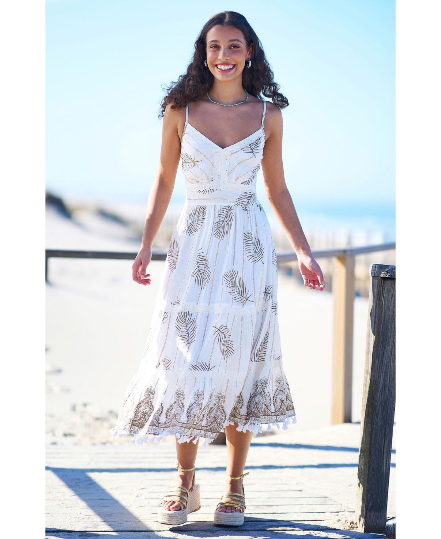 Женское платье Yumi Foil Print Lace Trim Midi Sun, цвет: Слоновая кость — фото 5