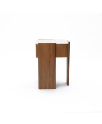 Faux Travertine Nightstand with Drawer and Open Shelf, MDF Wood Accent Side Table