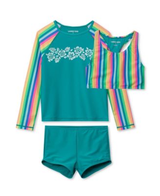Girls Chlorine Resistant Long Sleeve Rash Guard Boyshort 3 Piece Swimsuit Set