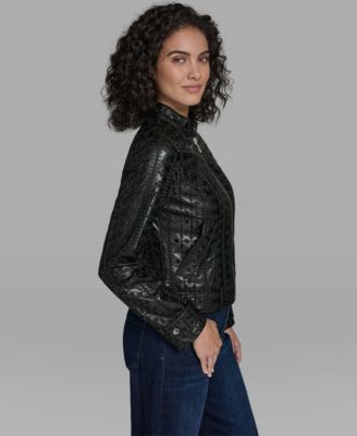 Women's Faux Leather Eyelet Zip Front Jacket