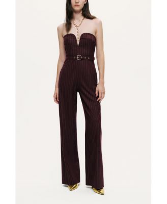 Women's Strapless Pinstripe Belted Jumpsuit