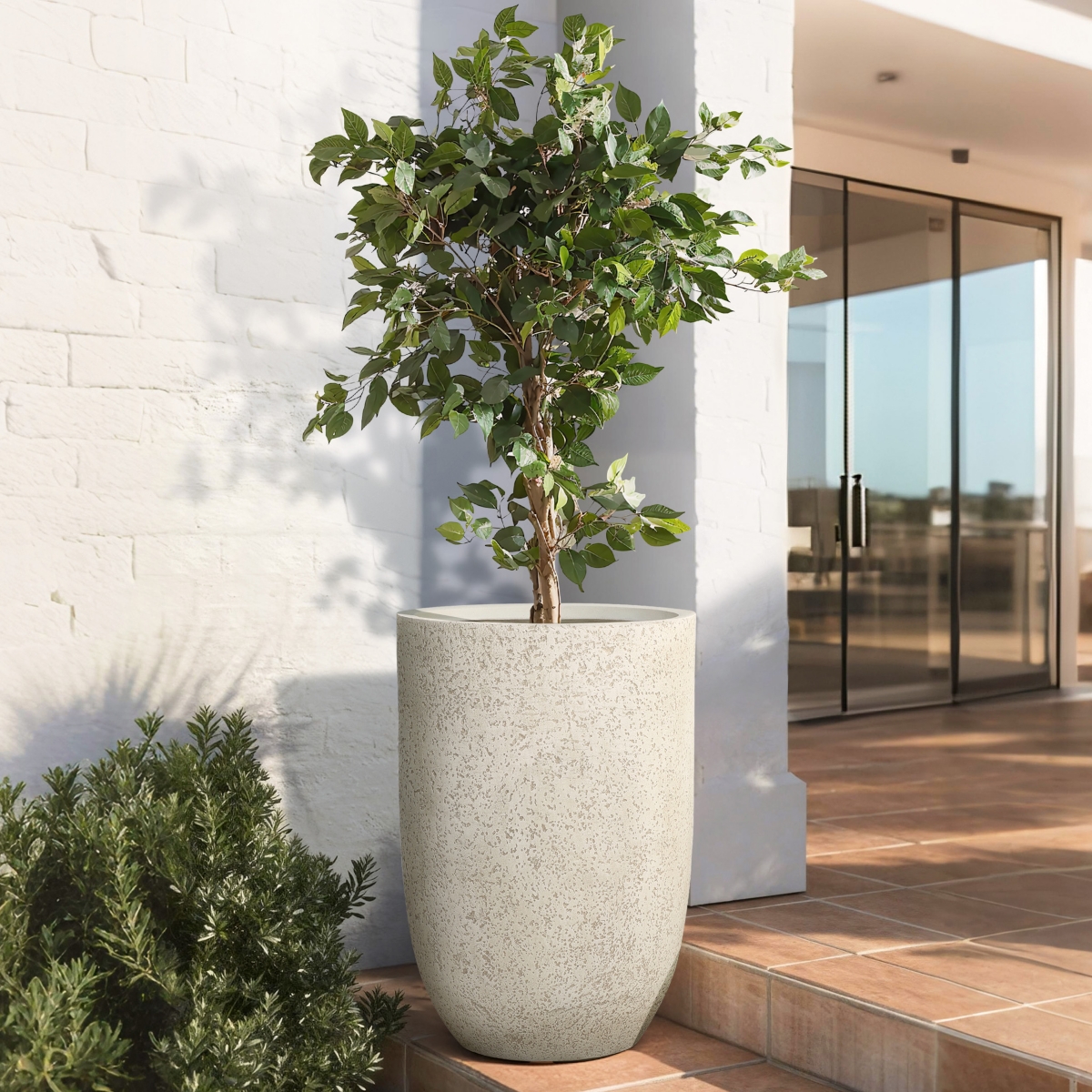 LuxenHome 23.5" Tall Round Tapered Planter, Travertine Stone Finish, Indoor/Outdoor Garden Pot