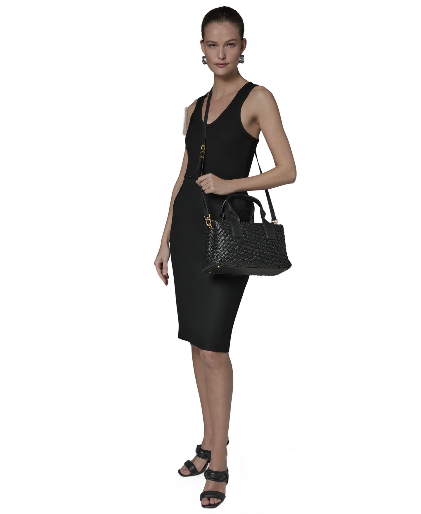 Женская сумка Donna Karan New York Amagansett Woven Leather Satchel, цвет: Чёрный / Золотой — фото 2