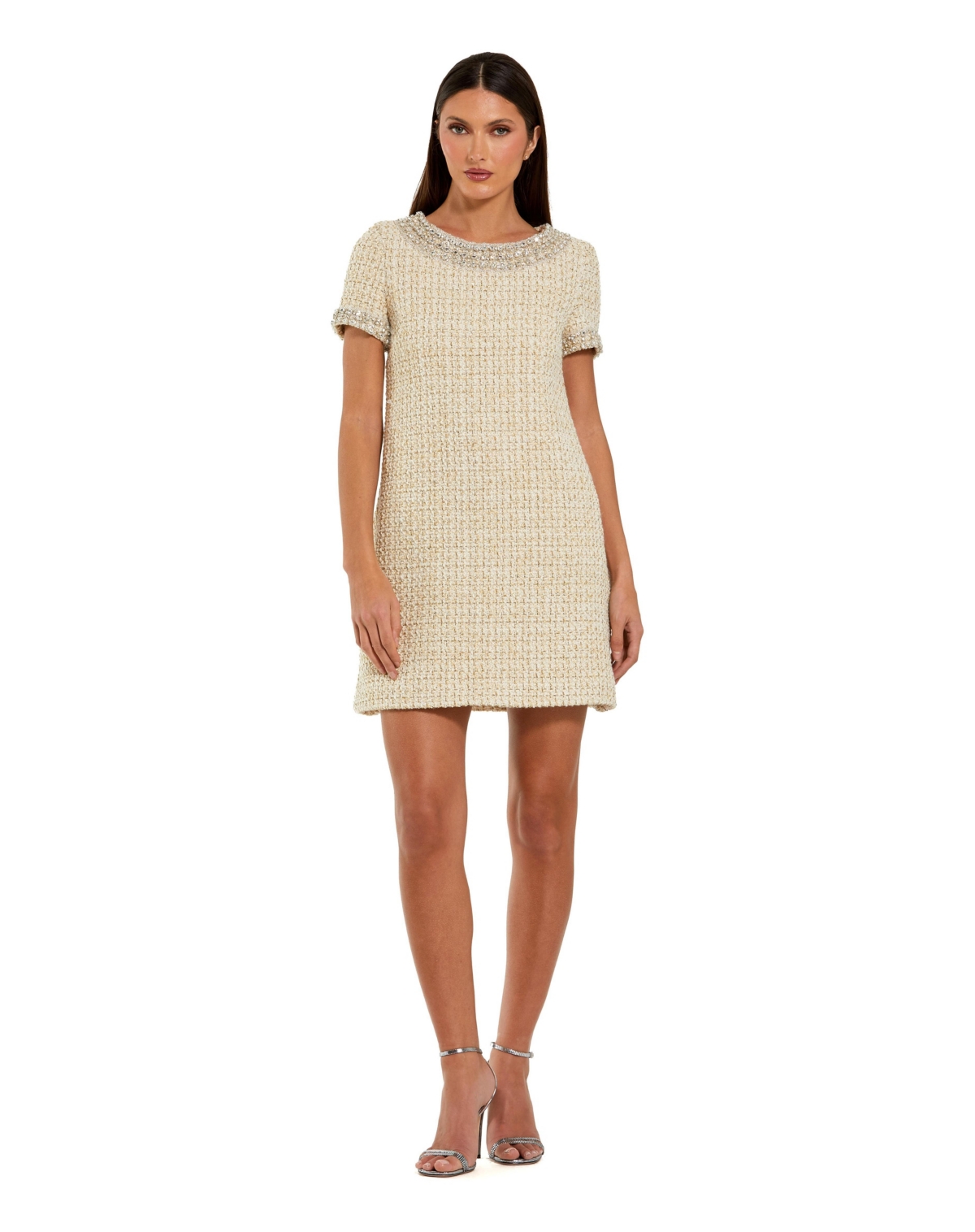 Mac Duggal Women's Short Sleeve Boucle Mini Dress With Beading Detail - Ivory gold