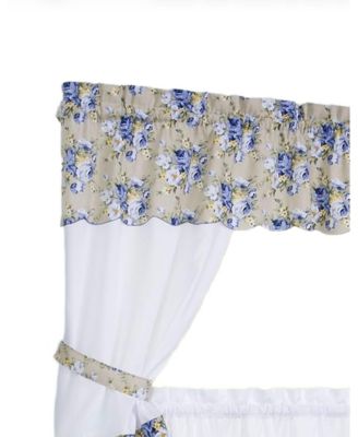 5 Piece Blue and White Floral Cafe Rod Pocket Kitchen Curtain and Valance Set