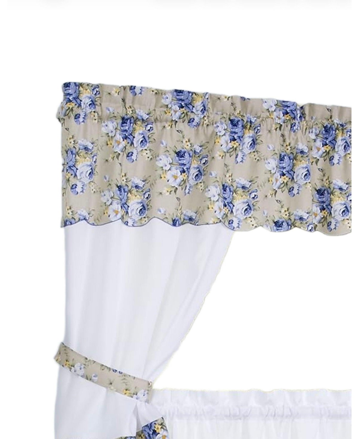 Kate Aurora 5 Piece Blue White Floral Cafe Rod Pocket Kitchen Curtain Valance Set