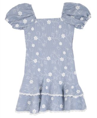 Big Girl 7-16 Striped Embroidered Puff Sleeve Ruffle Hem Dress