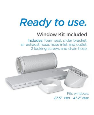 "8,000 BTU portable AC with remote and window kit, cools rooms up to 400 sq. ft., model BPACT08WT."