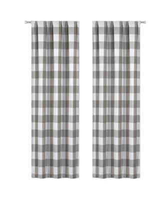 2 Piece Country Farmhouse Gray Buffalo Plaid Pleated Rod Pocket Window Curtain Panels
