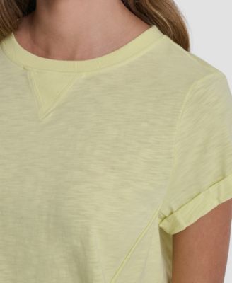 Women's Embroidered Crewneck Logo Roll-Sleeve Top