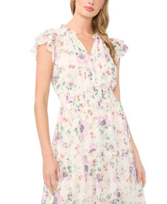 Women's Flutter-Sleeve Smocked Waist Split-Tie Neck Tiered Maxi Dress