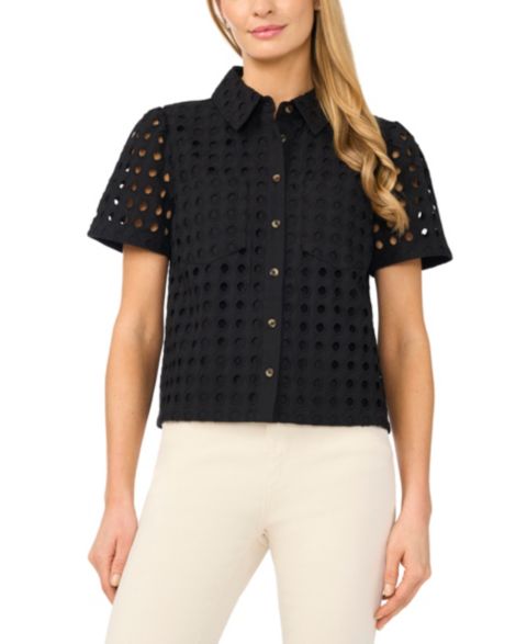 Женский топ CeCe Short Sleeve Eyelet Button-Down, цвет: Насыщенный чёрный
