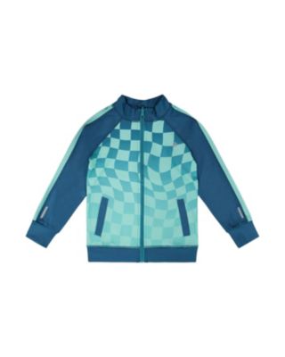 Boys Teal Printed Checkerboard Full Zip Polyester Athletic Cardigan