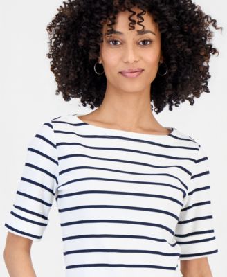 Petite Boat-Neck Elbow-Sleeve Top