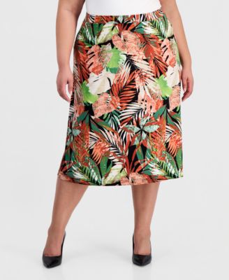 Plus Size Printed Pull-On Flare Midi Skirt 