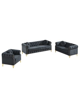 Velvet Chesterfield sofa with copper stud detailing & tufted buttons.