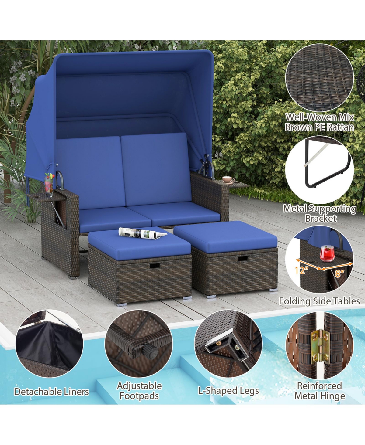 Gymax Rattan Daybed w/ Adjustable Backrests and Retractable Canopy for Patio