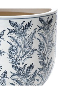 Blue Botanical Floral Ceramic Planter, 15.5" Round Garden Pot for Indoor & Outdoor Plants