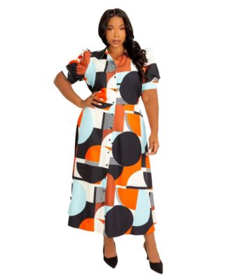 Women's Plus Size Geometric Print Puff Sleeve Shirtdress with Tie Waist Detail