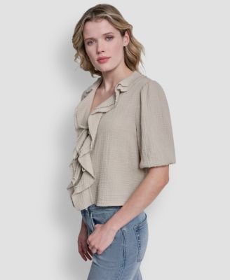 Women's V-Neck Short Puff Sleeve Tie-Front Shirt