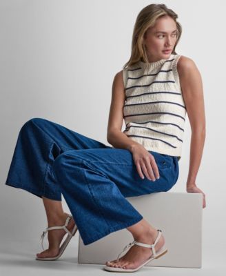 Women's Sleeveless Crew Neck Striped Sweater