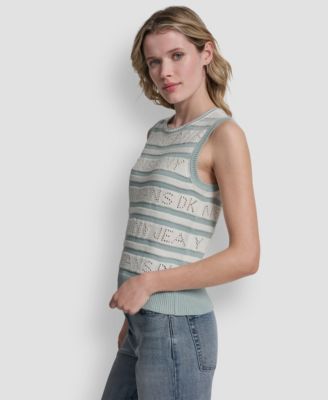 Women's Sleeveless Logo Pointelle Striped Sweater