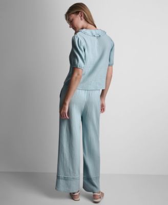 Women's V-Neck Short Puff Sleeve Tie-Front Shirt