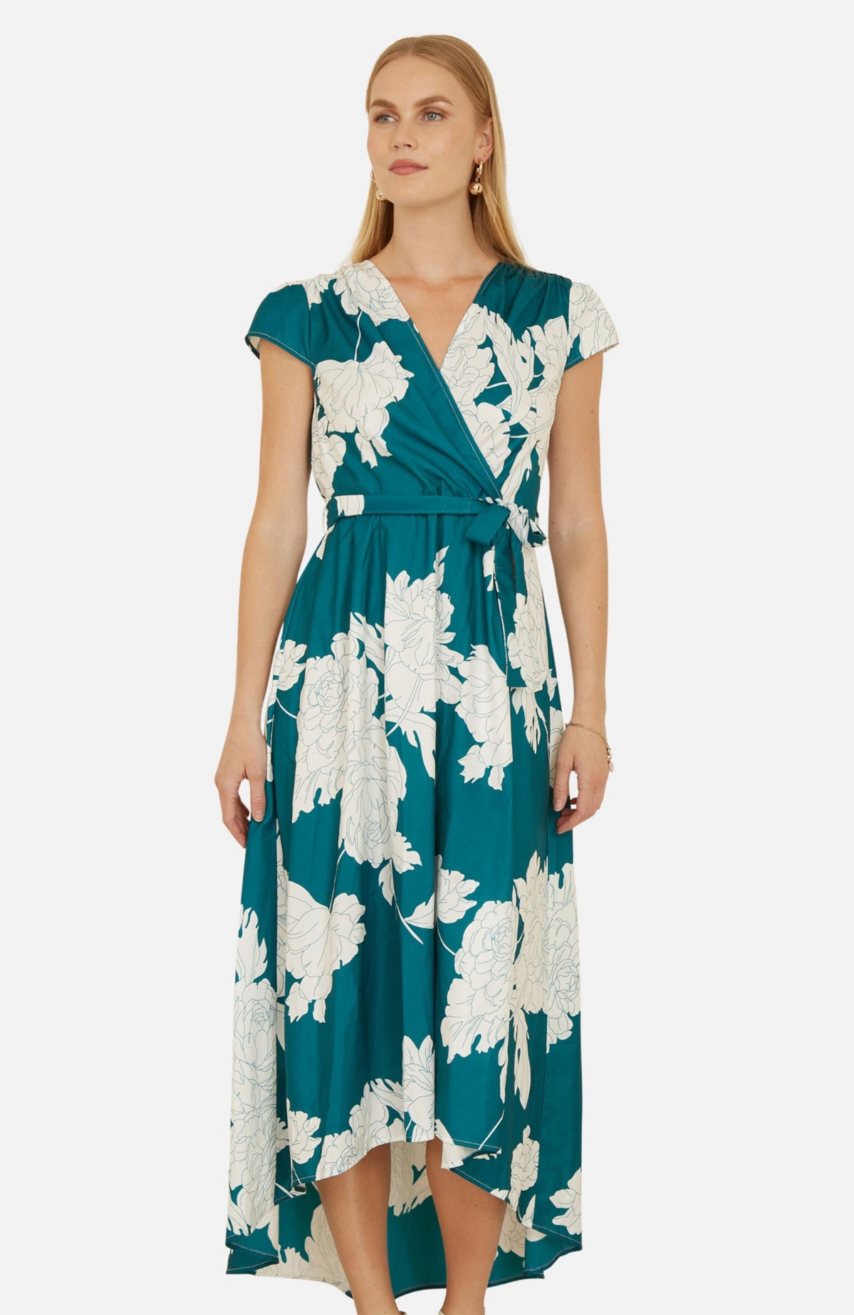 Yumi Women's Blossom Print Dipped Hem Wrap Midi Dress