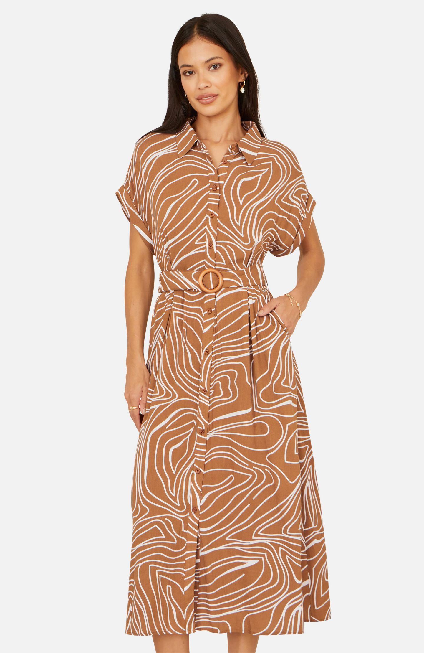 Женское платье Yumi Abstract Swirl Print Relaxed Midi, цвет: Коричневый — фото 6