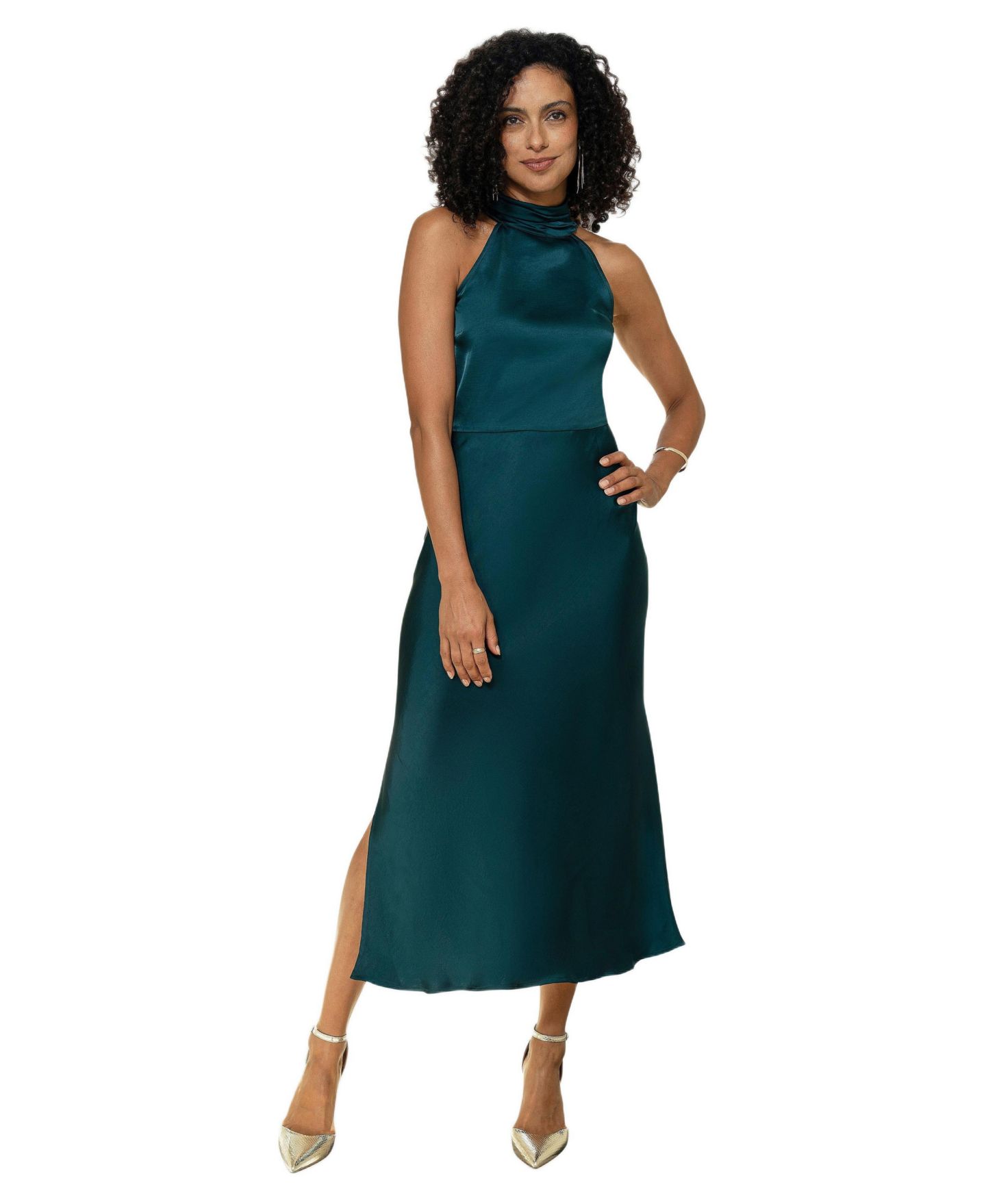 Женское платье Yumi Satin Halter Neck Midi, цвет: Зелёный — фото 1