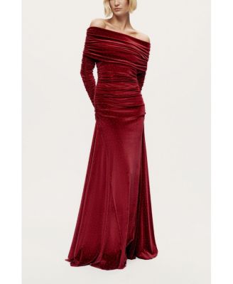 Women's Off-Shoulder Velvet Maxi Dress with Rhinestone Detail