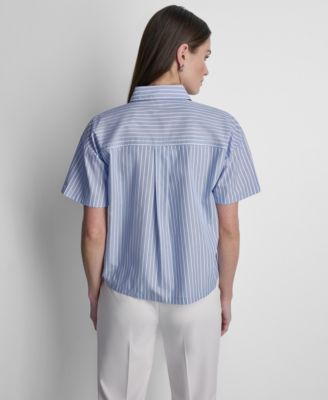 Women's Short-Sleeve Striped Poplin Button-Front Shirt