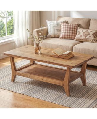 Solid Wood Coffee Table, 47-Inch Living Room Center Table with Shelf, 2-Tier, Smooth Corners, Child-Friendly, Easy Assembly