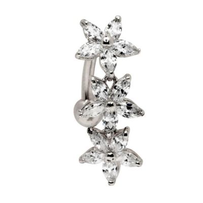 Solid 14k Yellow or White Gold 14g Marquise Flower Cubic Zirconia Top Mount Belly Button Ring