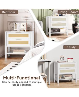 Rattan Nightstand - Bedside Table with 2 Drawers, Open Storage Shelf and Gold Drawer Handles for Bedroom, Living Room, Hallway.